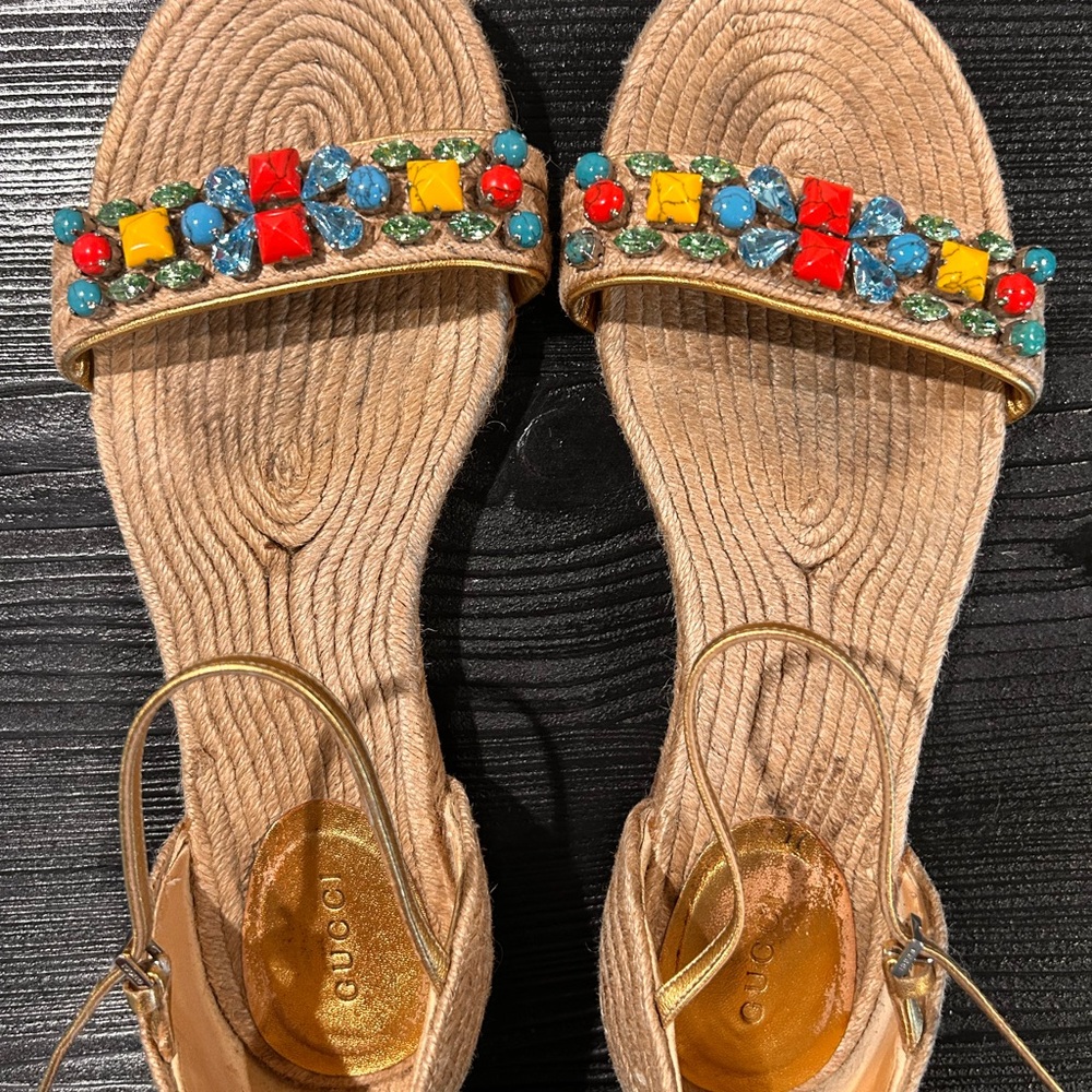 Gucci Tan Sandals with Colorful Gem Accents